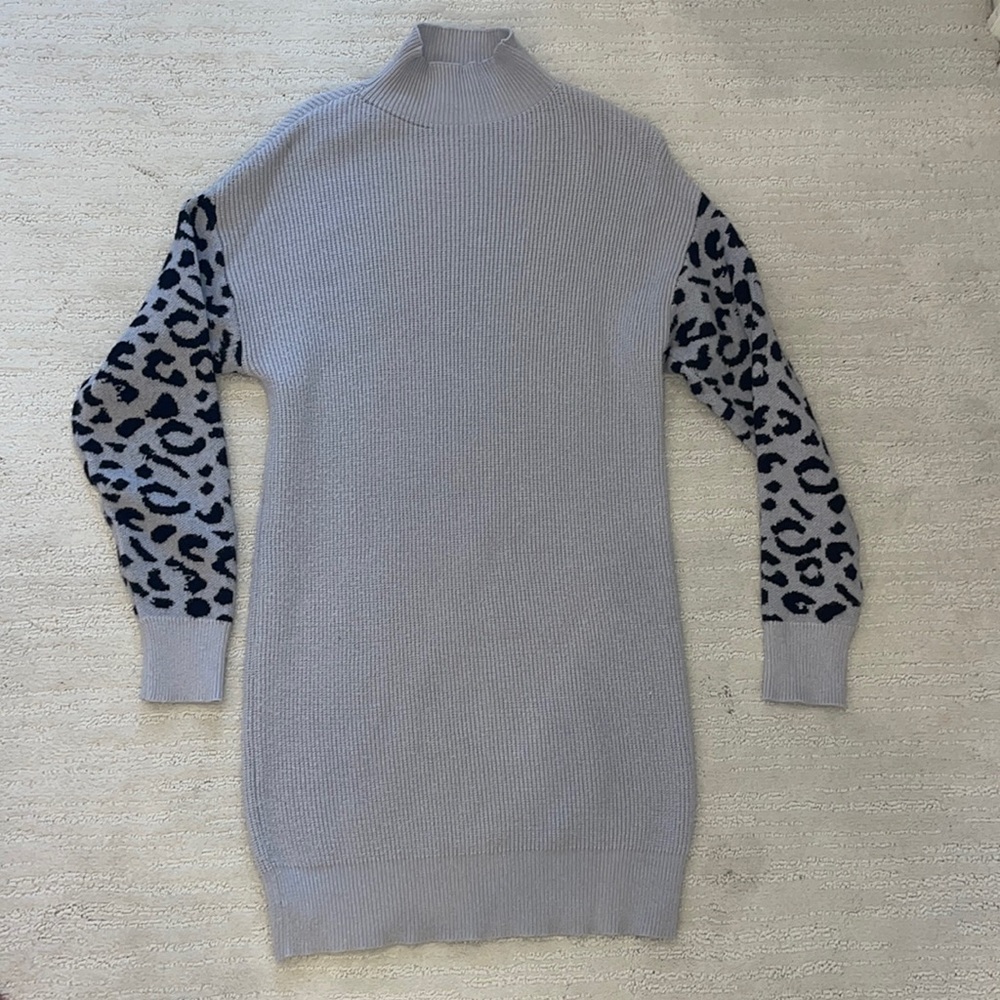 Gray Cheetah Print Sleeve Turtleneck Skinny Dress
